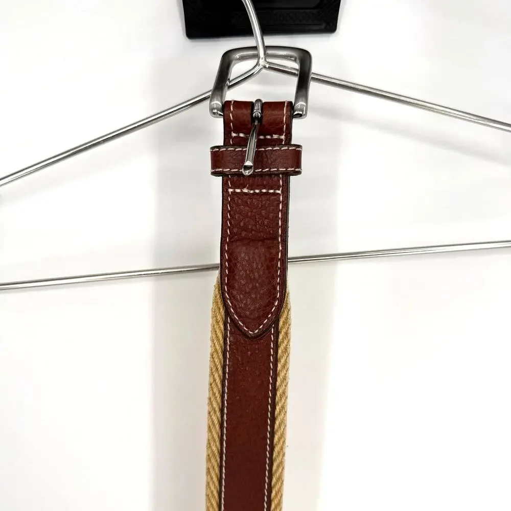 Vineyard Vines Tan Woven Cotton Leather Belt Brown Trim Silver Buckle Size 32